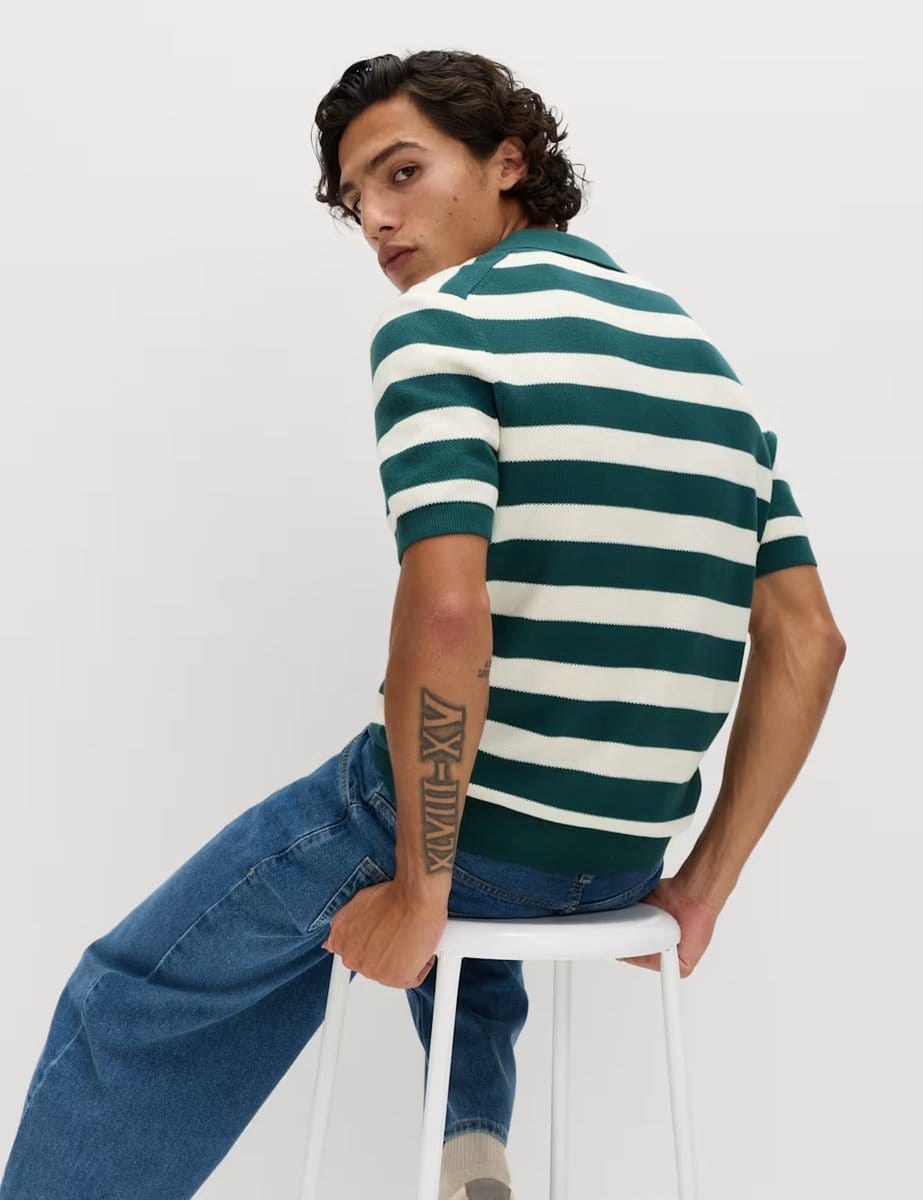 Marks & Spencer M&S Pure Cotton Striped Knitted Polo Shirt Green Mix - 4