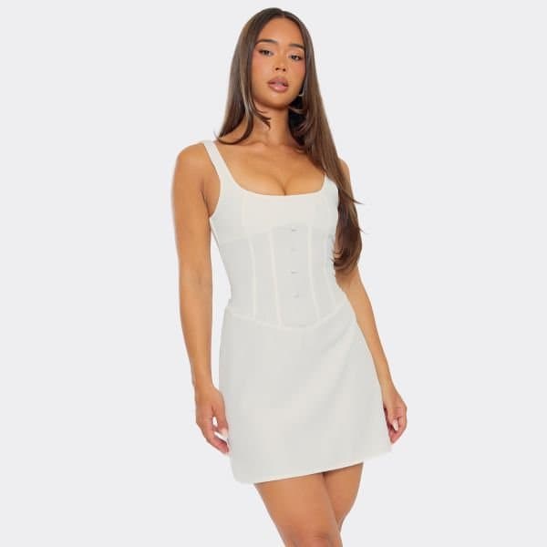 EGO Square Neck Corset Insert Tailored Mini Dress In White, Women's Size UK 6