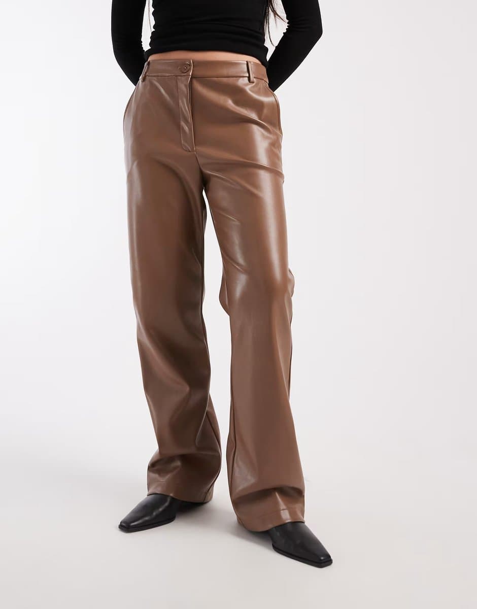 ASOS ASOS DESIGN Mocha Leather Look Trousers