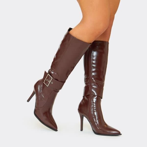 EGO Effie Buckle Detail Pointed Toe Stiletto Heel Knee High Boot In Brown Faux Leather, Women's Size UK 3