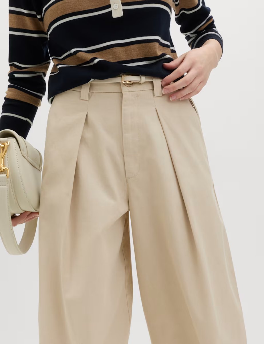 Marks & Spencer M&S Pure Cotton Pleat Front Barrel Leg Chinos Beige - 3