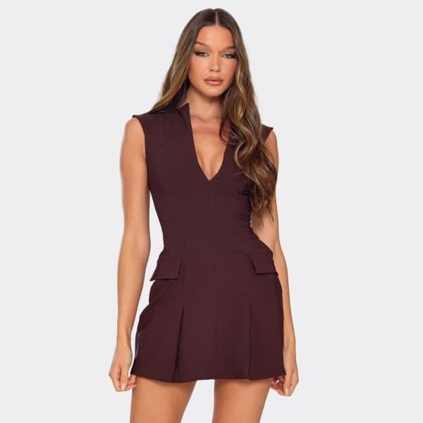 EGO Plunge Pocket Pleat Detail A Line Mini Dress In Chocolate Brown Bengaline, Women's Size UK 4