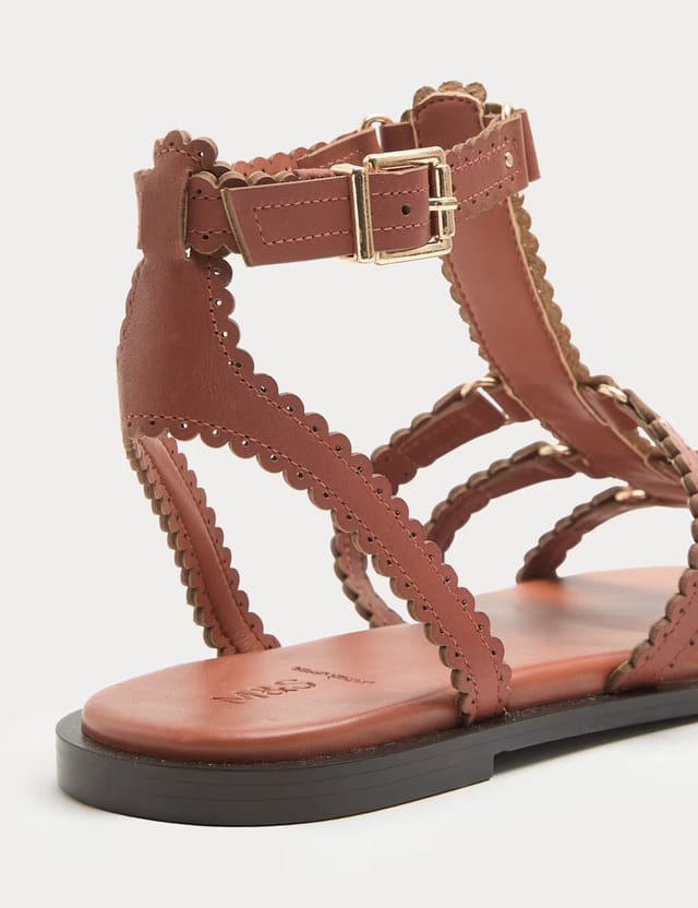 Marks & Spencer M&S Leather Scallop Edge Flat Gladiator Sandals Tan - 2