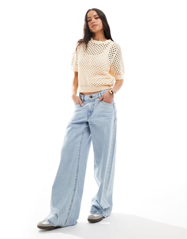 ASOS Brave Soul crew neck crochet knit t-shirt in peach - 2