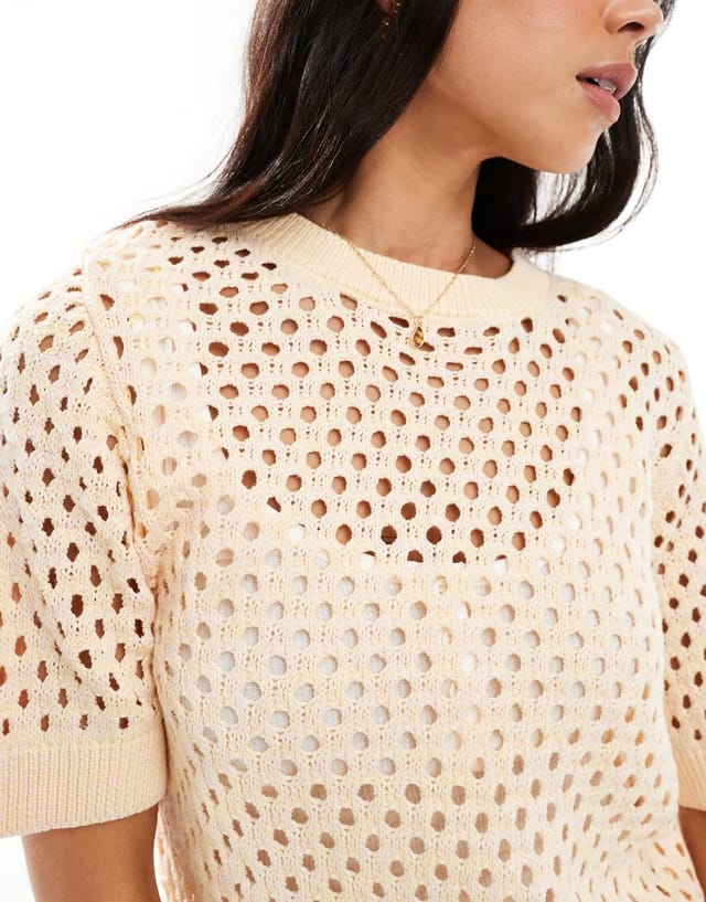 ASOS Brave Soul crew neck crochet knit t-shirt in peach - 3