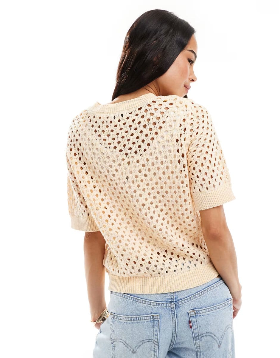 ASOS Brave Soul crew neck crochet knit t-shirt in peach - 4