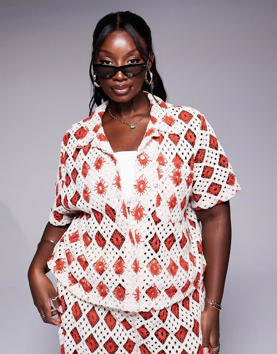 ASOS South Beach Curve crochet short sleeve beach shirt co-ord in cream and rust