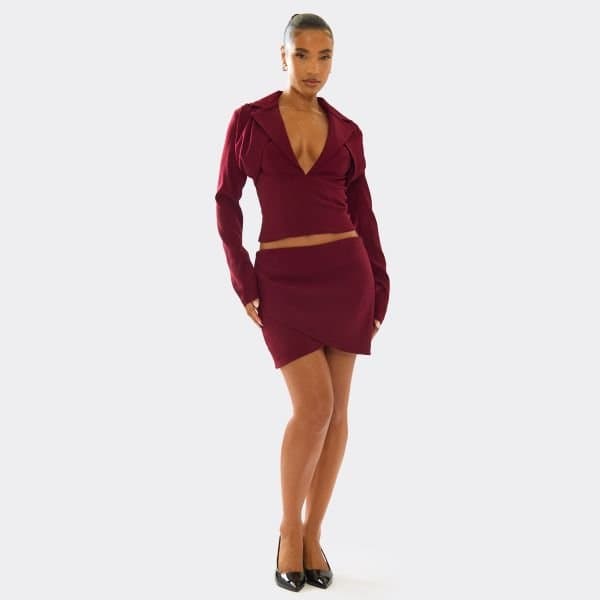 EGO Mid Rise Wrap Front Tailored Mini Skirt In Plum, Women's Size UK 6