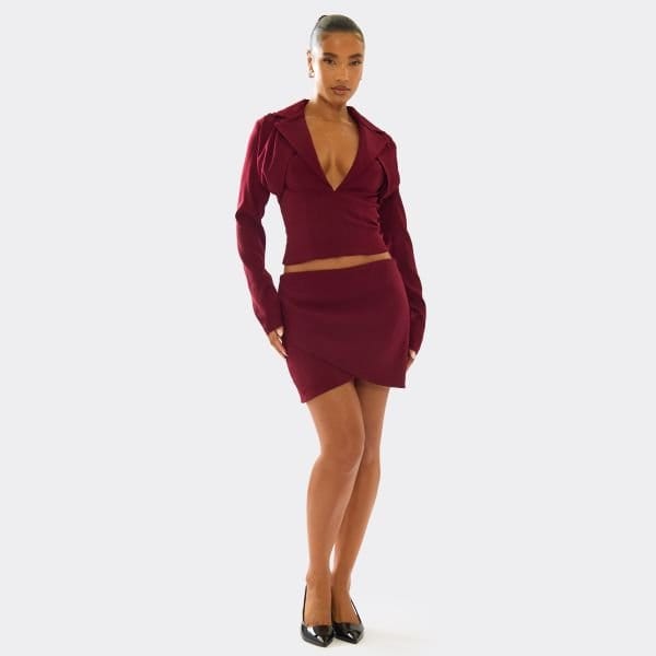 EGO Mid Rise Wrap Front Tailored Mini Skirt In Plum, Women's Size UK 6 - 1