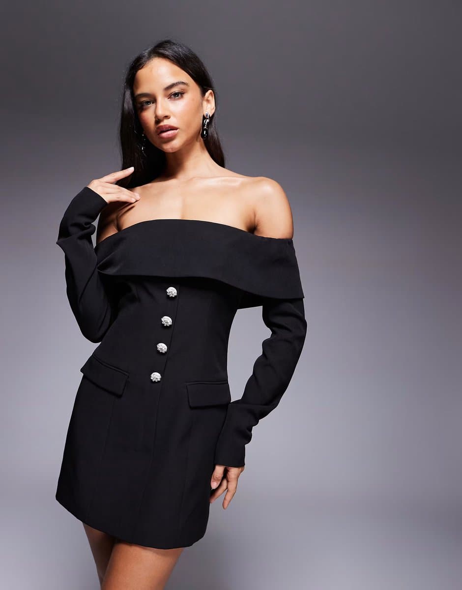 ASOS Kaiia exclusive bardot foldover tailored long sleeve diamante button detail mini dress in black