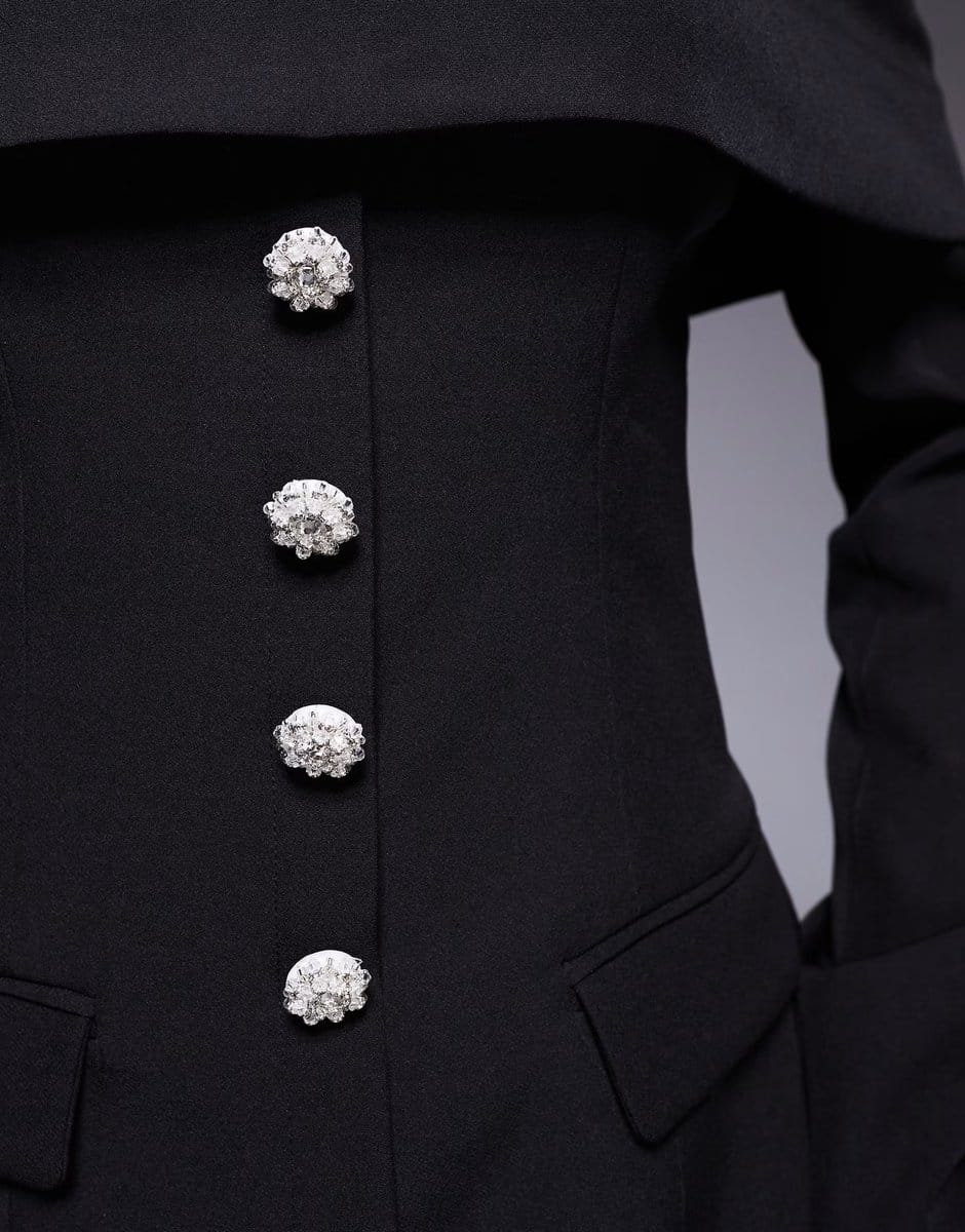 ASOS Kaiia exclusive bardot foldover tailored long sleeve diamante button detail mini dress in black - 4