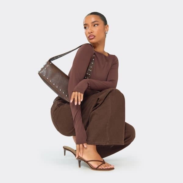 EGO EGO Twisted Strap Heel Mule in Brown Faux Suede