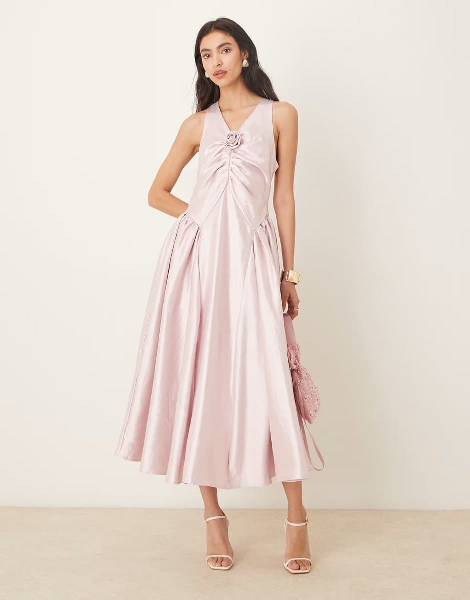 ASOS Sister Jane Muse sleeveless corsage detail hip pleat taffeta midaxi dress in blush pink
