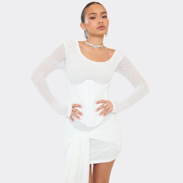 EGO Off The Shoulder Tie Drape Detail Corset Mini Dress In White, Women's Size UK 6 - 2