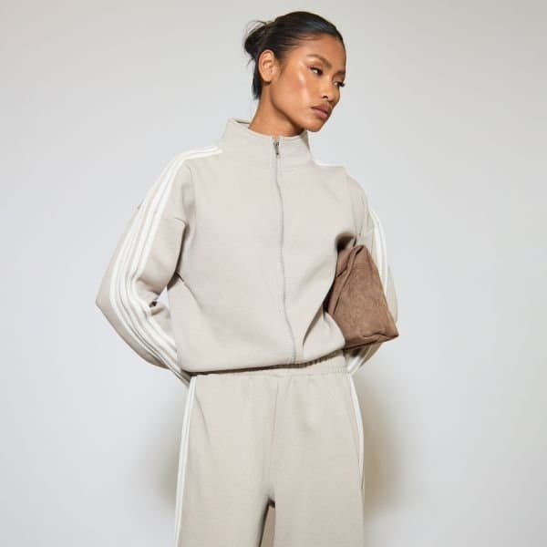 EGO High Neck Side Stripe Zip-Up Sweatshirt In Taupe, Women's Size UK 6