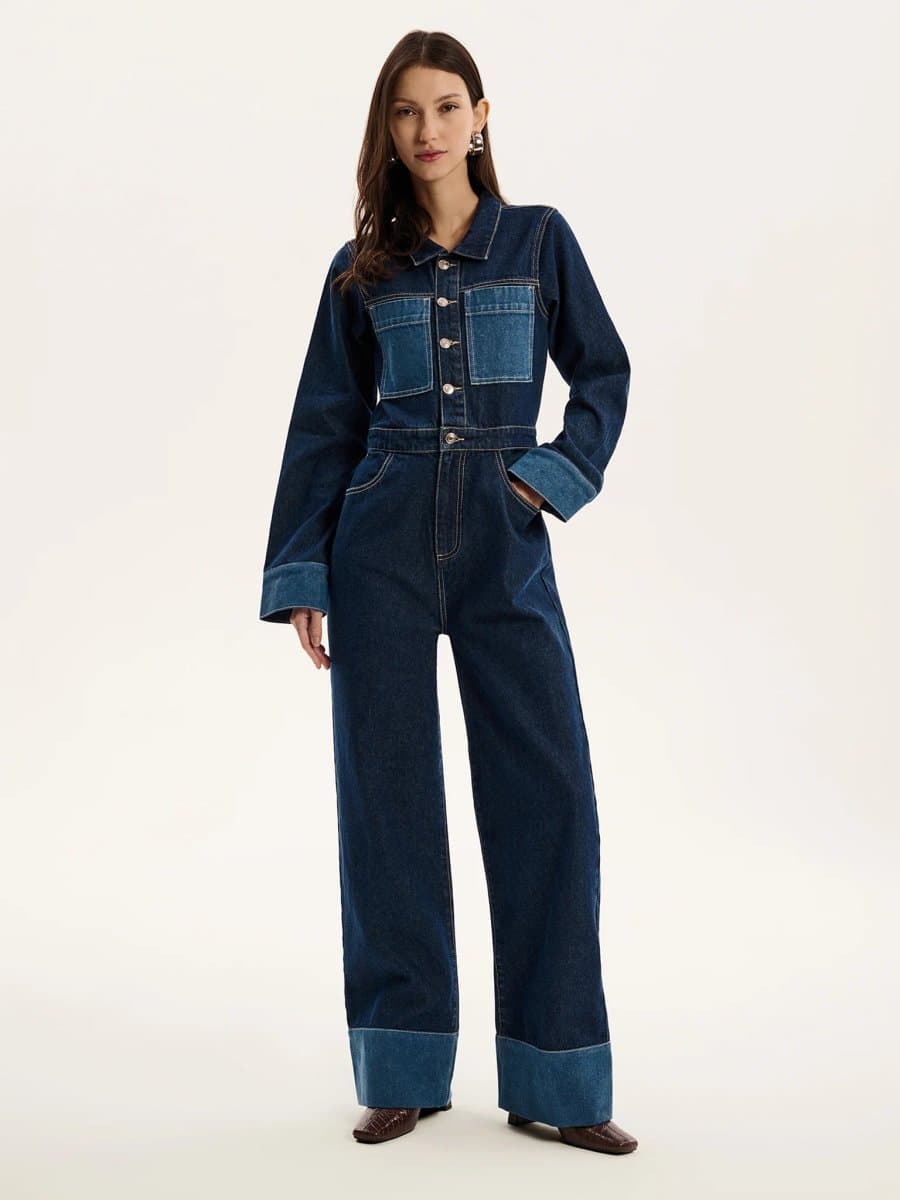 OMNES Diya Contrast Denim Jumpsuit in Midwash