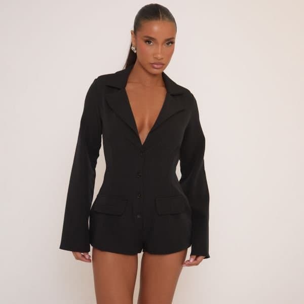 EGO Long Sleeve Button Front Tailored Playsuit In Black, Women's Size UK 4