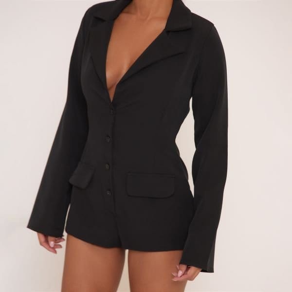 EGO Long Sleeve Button Front Tailored Playsuit In Black, Women's Size UK 4 - 2