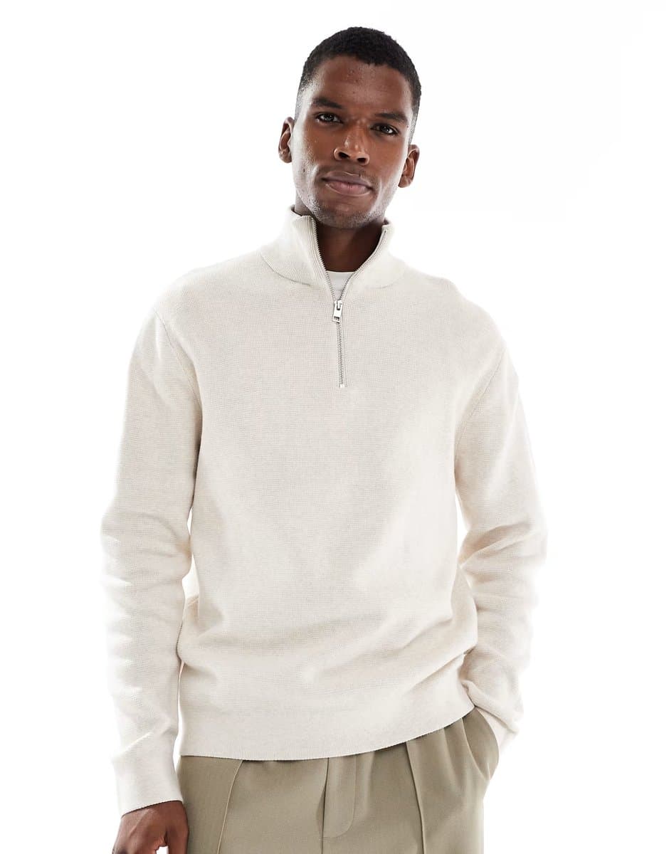 ASOS Jack & Jones premium knitted quarter zip in cream