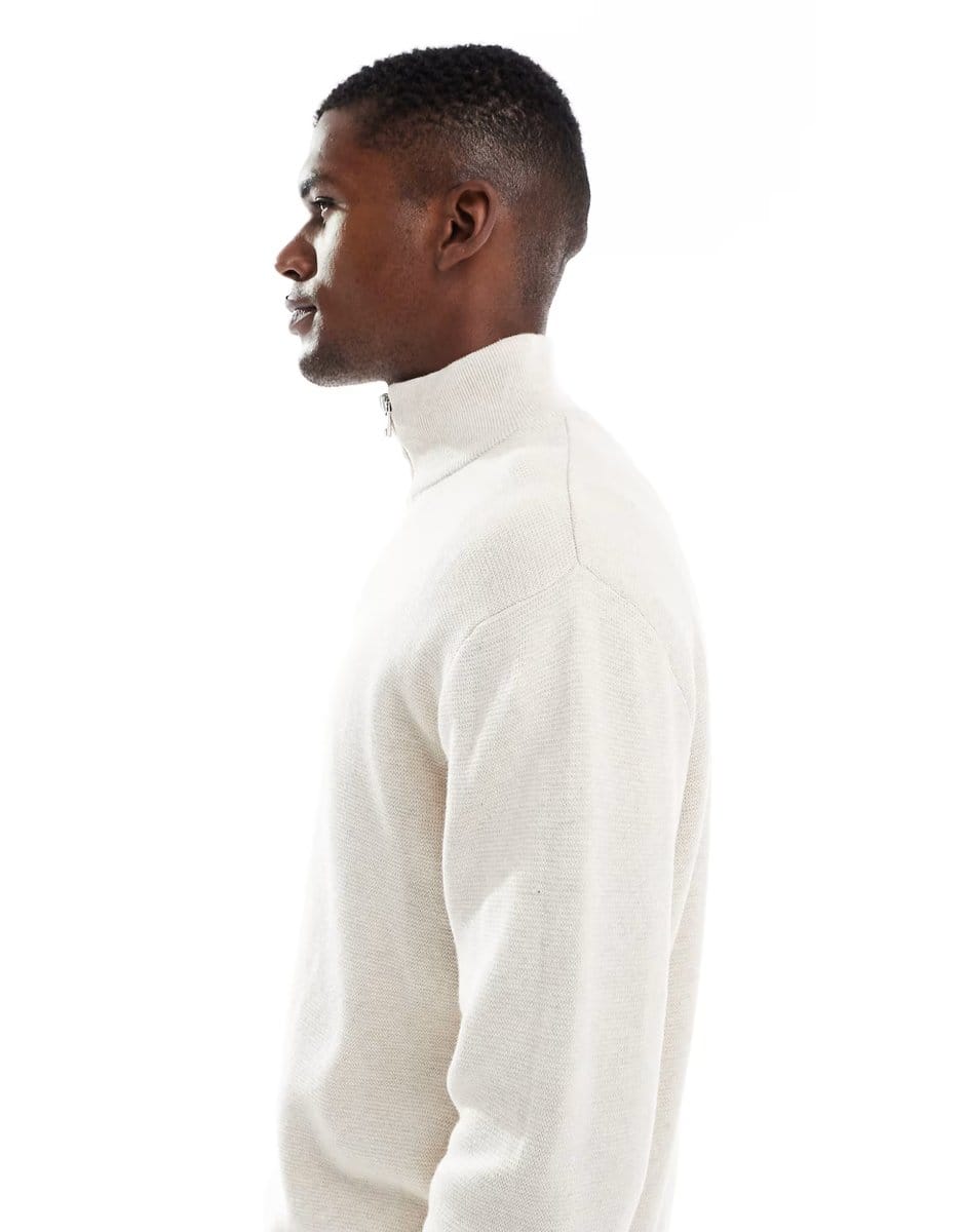 ASOS Jack & Jones premium knitted quarter zip in cream - 4