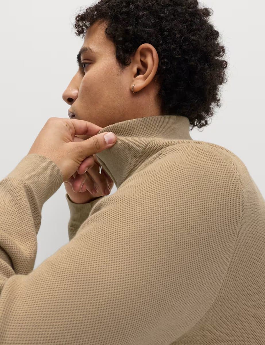 Marks & Spencer M&S Cotton Rich Textured Half Zip Jumper in Sand