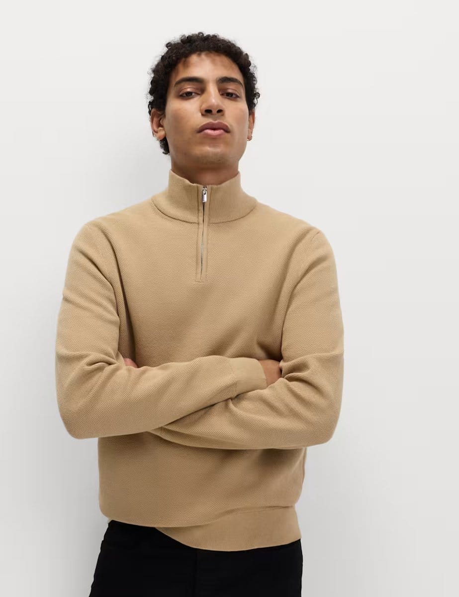 Marks & Spencer M&S Cotton Rich Textured Half Zip Jumper Sand - 4