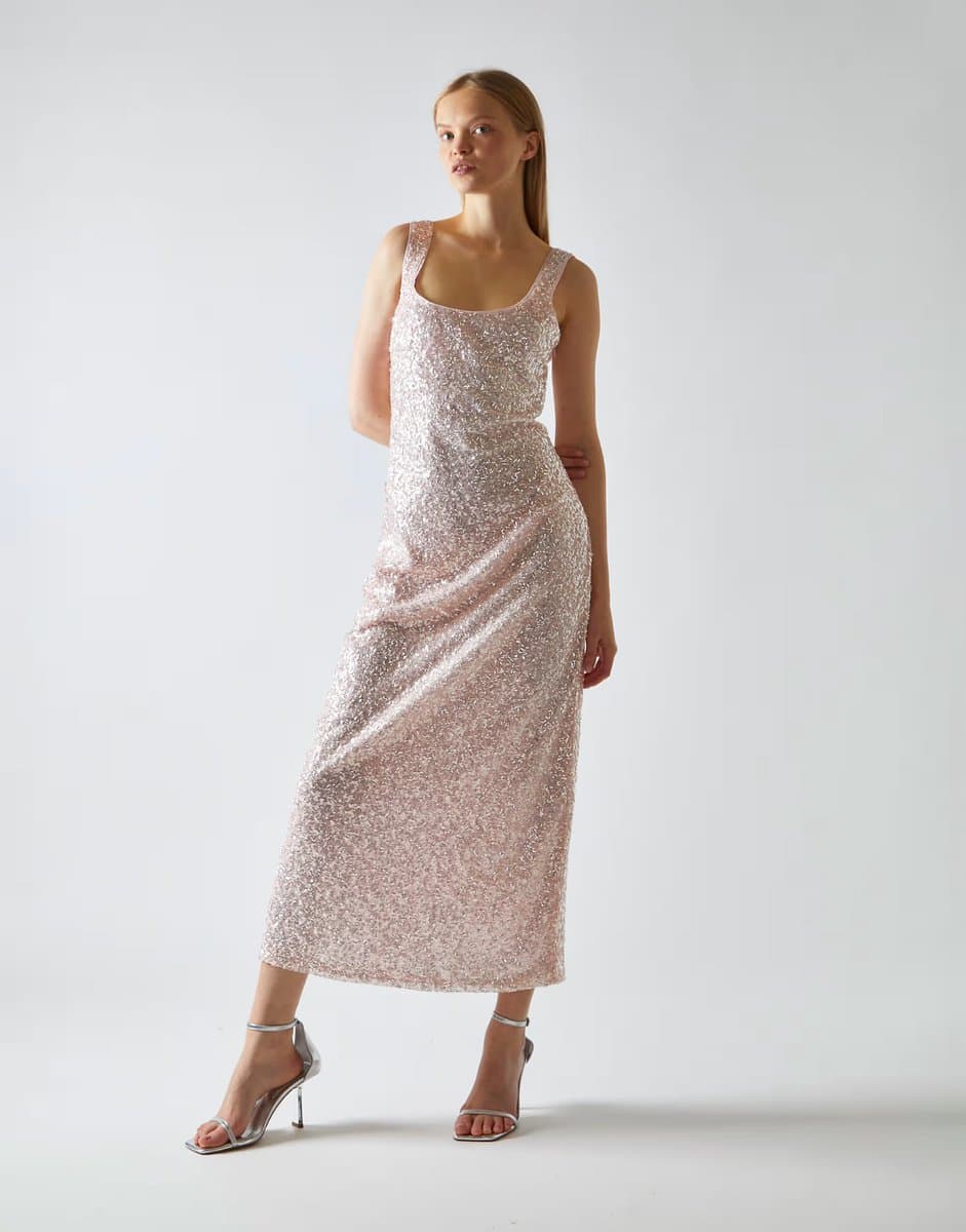 ASOS Glamorous Square-neck bias-cut midaxi-dress in pink silver sequin