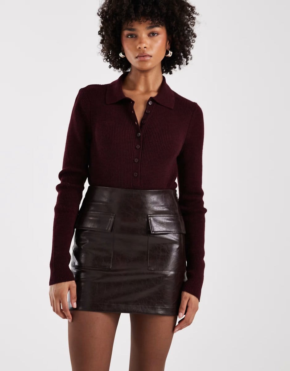 ASOS New Look cracked faux leather mini skirt in brown - 4