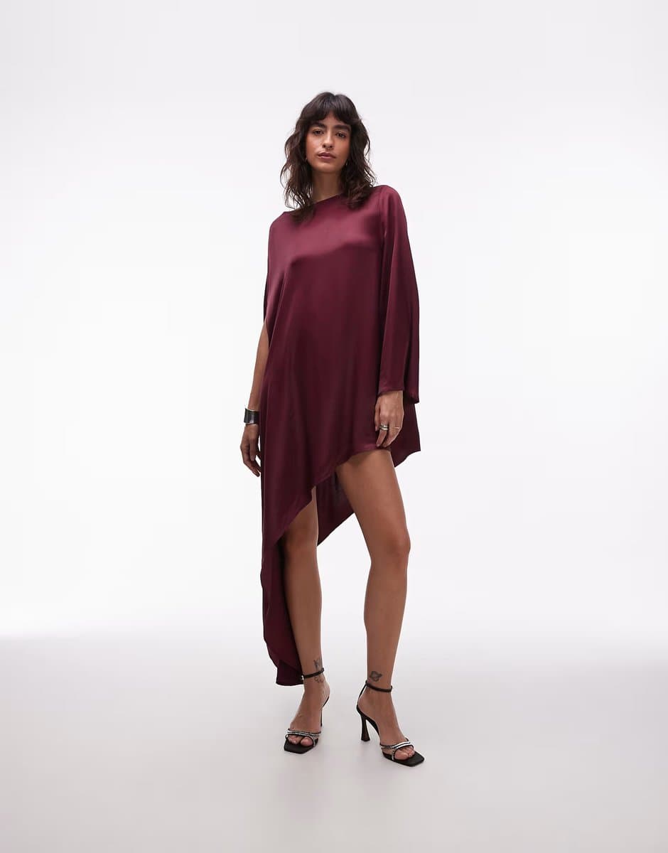 ASOS ASOS DESIGN cape satin asymmetric mini dress in burgundy