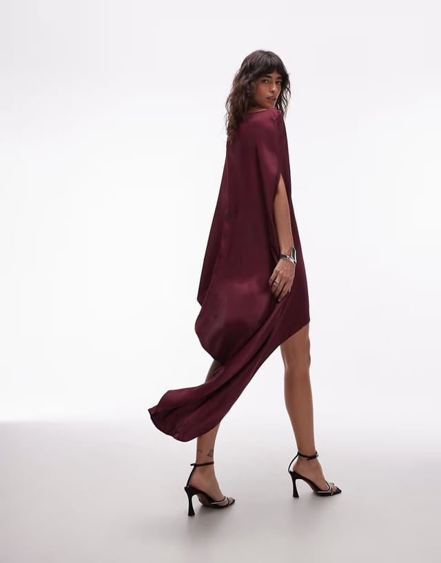 ASOS ASOS DESIGN cape satin asymmetric mini dress in burgundy - 3