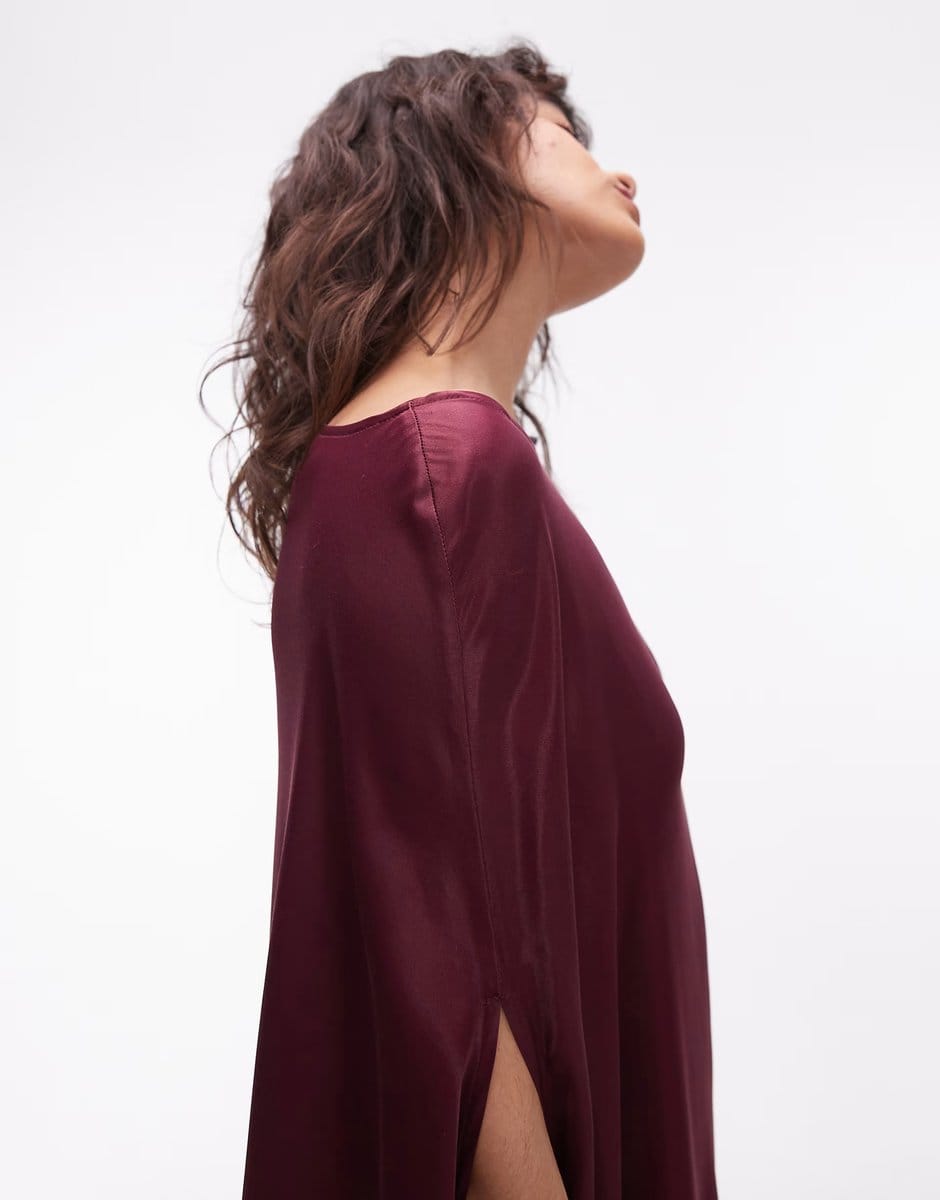 ASOS ASOS DESIGN cape satin asymmetric mini dress in burgundy - 4