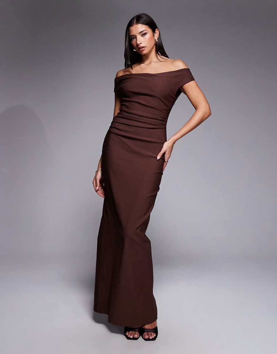ASOS Vesper Bengaline off shoulder ruched front maxi dress in chocolate