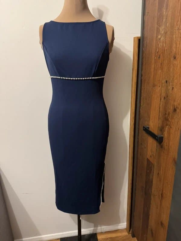 ASOS Design navy dark blue midi dress pearl trim plain elegant evening size 10 bodycon