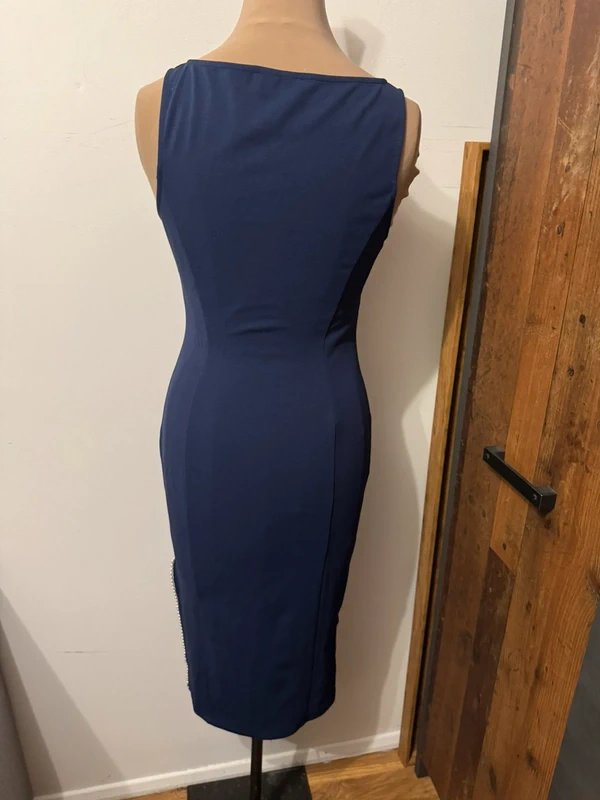 ASOS Design navy dark blue midi dress pearl trim plain elegant evening size 10 bodycon - 2