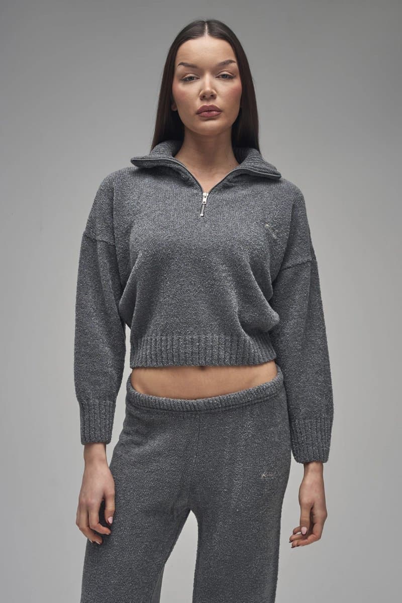 Kaiia Kaiia Knit Fold Over Collar Quarter Zip Sweater Charcoal