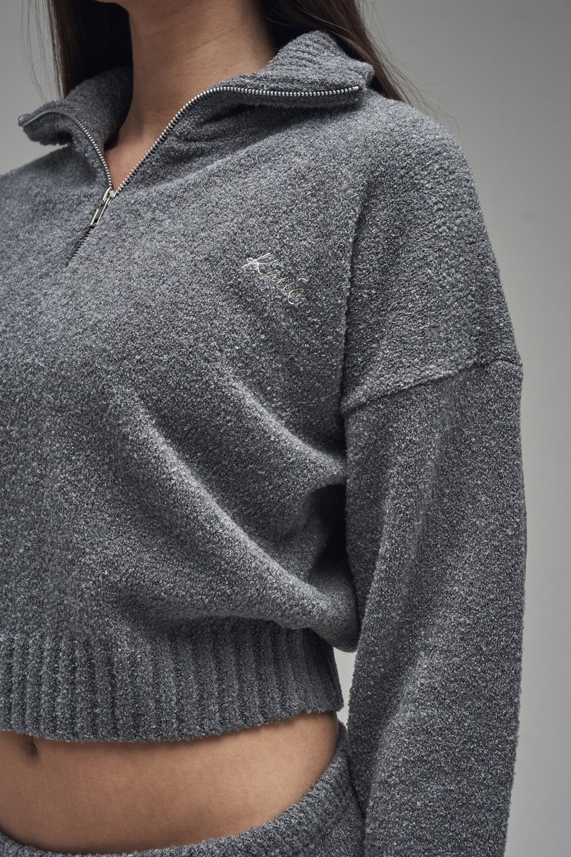 Kaiia Kaiia Knit Fold Over Collar Quarter Zip Sweater Charcoal - 2