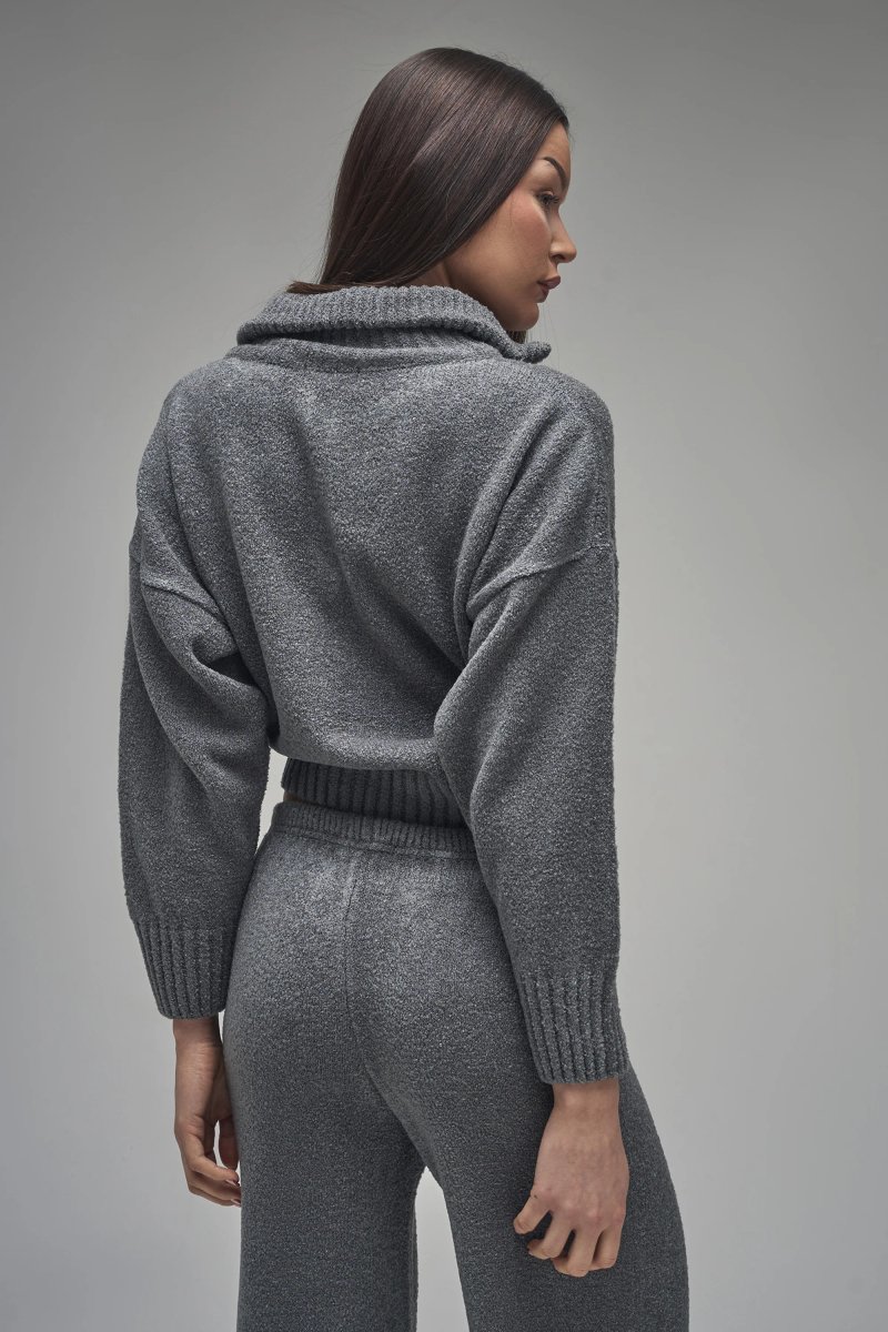 Kaiia Kaiia Knit Fold Over Collar Quarter Zip Sweater Charcoal - 3