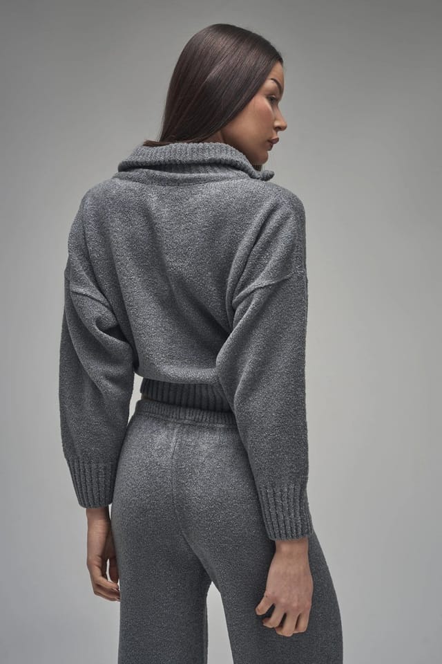 Kaiia Kaiia Knit Fold Over Collar Quarter Zip Sweater Charcoal - 3
