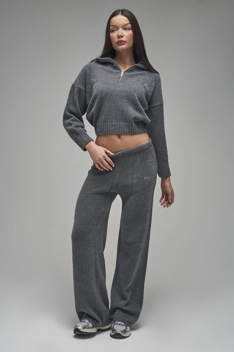 Kaiia Kaiia Knit Fold Over Collar Quarter Zip Sweater Charcoal - 4