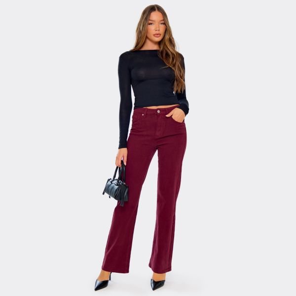 EGO Mid Rise Button Detail Straight Leg Jeans In Burgundy Denim, Women's Size UK 6 - 1