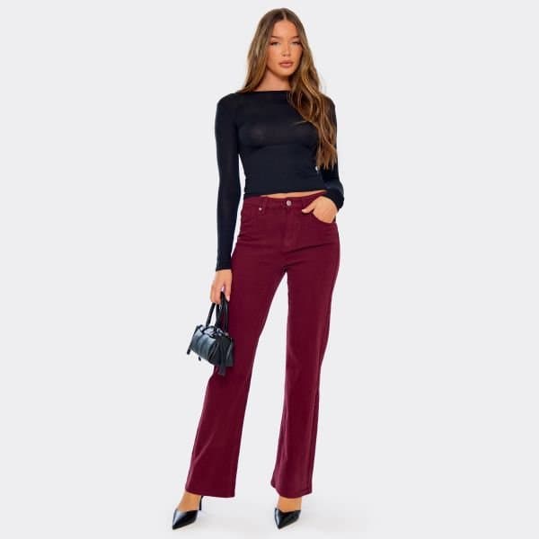 EGO EGO Burgundy Mid Rise Button Detail Straight Leg Jeans