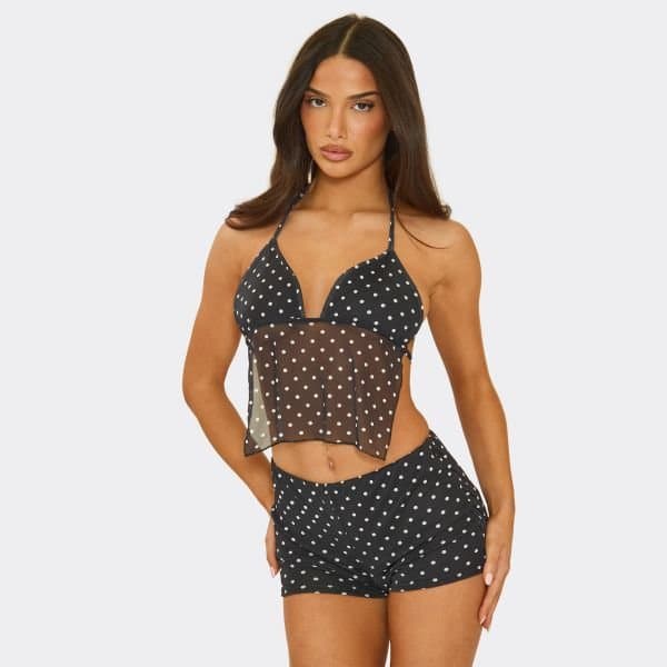 EGO Halter Neck Mesh Panel Crop Top In Black Polka Dot, Women's Size UK 6