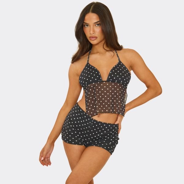EGO Halter Neck Mesh Panel Crop Top In Black Polka Dot, Women's Size UK 6 - 2