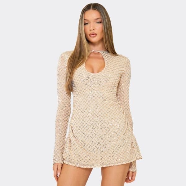 EGO Long Sleeve Keyhole Cut Out Skater Mini Dress In Gold Sequin, Women's Size UK 8