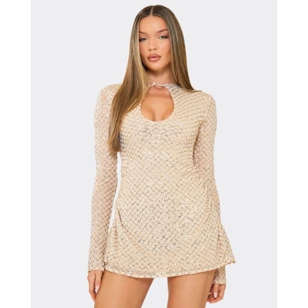 EGO Long Sleeve Keyhole Cut Out Skater Mini Dress In Gold Sequin, Women's Size UK 8 - 2