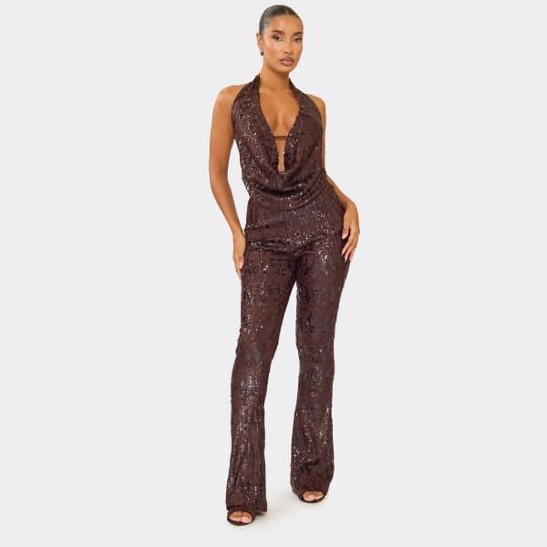 EGO Mid Rise Flared Trousers In Chocolate Brown Sequin, Women's Size UK 6