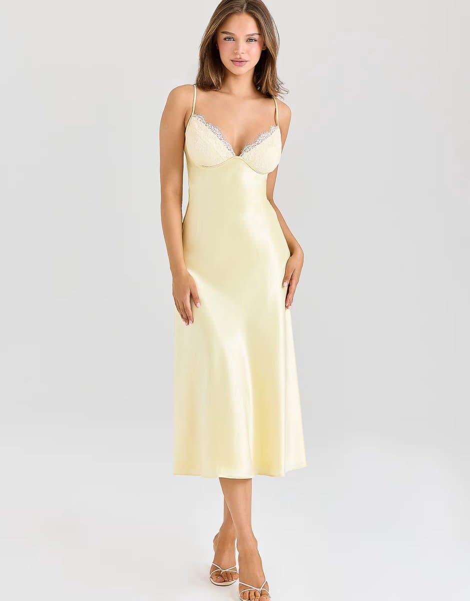 ASOS House of CB Felicity butter yellow satin bias cut midi dress in butter yellow