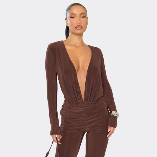 EGO Long Sleeve Plunge Neck Open Back Bodysuit In Chocolate Brown, Women's Size UK 6