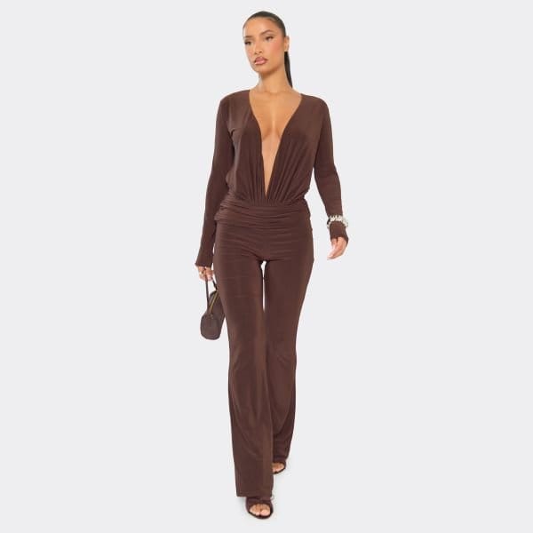 EGO Long Sleeve Plunge Neck Open Back Bodysuit In Chocolate Brown, Women's Size UK 6 - 2