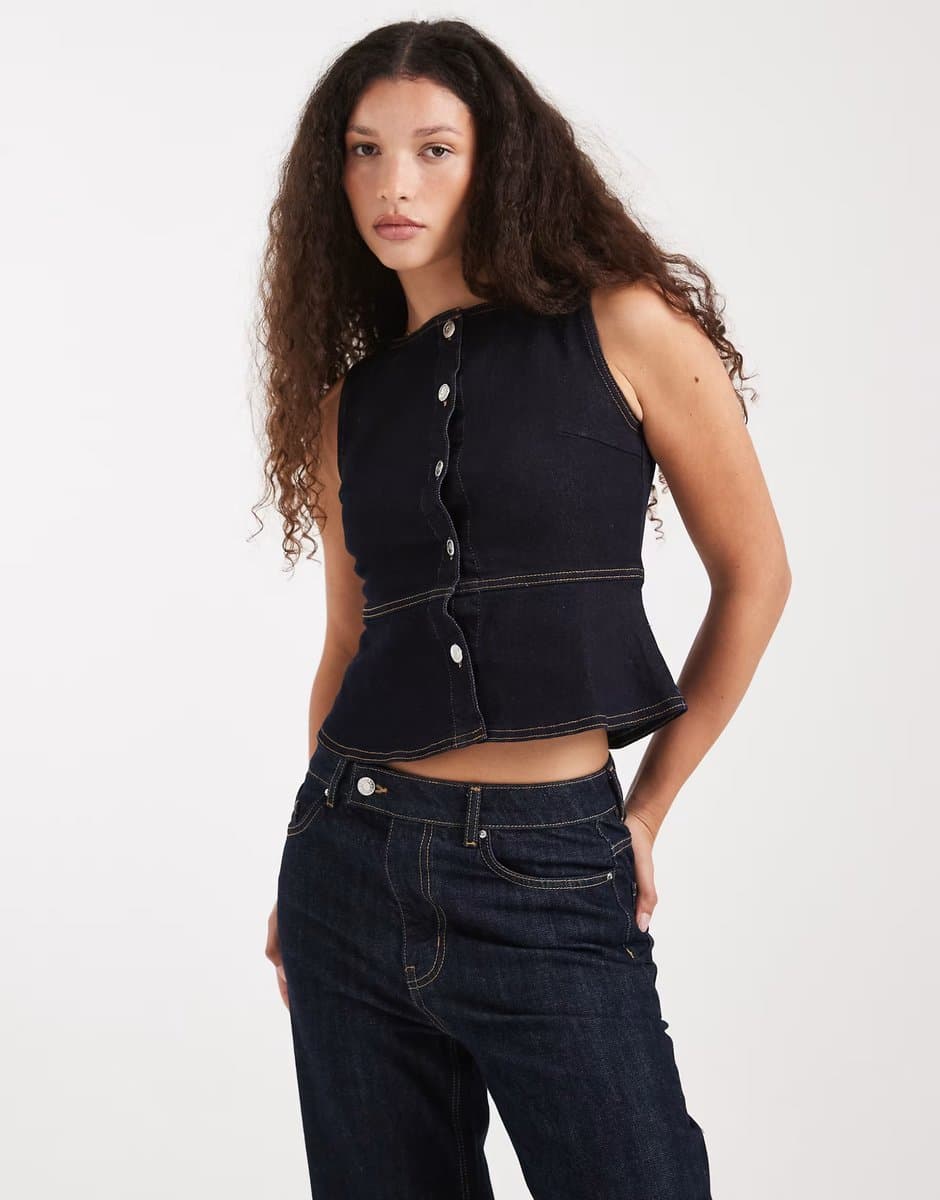 ASOS Miss Selfridge denim peplum cinched waistcoat in indigo
